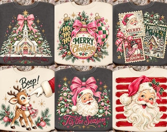 Weihnachts-PNG-Bundle, rosa Weihnachts-Sublimationsmotiv, Retro-Weihnachtsmann-PNG, verspielte Weihnachtsschleife, Vintage-Weihnachts-Shirt-Design, digitaler Download