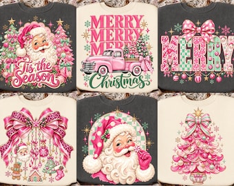 Rosa Weihnachts-PNG-Bundle, Retro-Weihnachtsmann-PNG, Frohe Weihnachten-PNG, Verspielte Schleife für Weihnachten, Vintage-Weihnachts-Sublimation