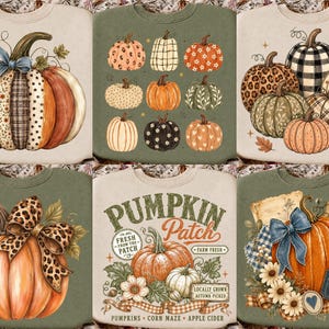 May include: A collection of six sweatshirts featuring various pumpkin illustrations, including patchwork patterns, leopard prints, plaid designs, floral motifs, and text reading Pumpkin Patch, Fresh From The Patch, Farm Fresh, and Fall Sweater Weather.