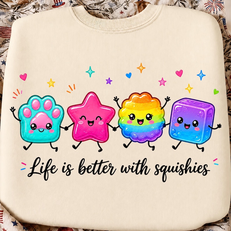 May include: A cream-colored sweatshirt featuring a graphic of four colorful, smiling cartoon shapes holding hands: a teal paw print, a pink star, a rainbow-colored flower, and a blue cube. The text "Life is better with squishies" is printed below.