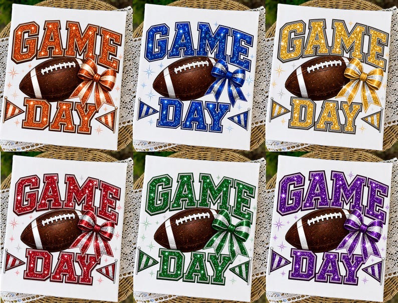 May include: Six white rectangular prints featuring the text GAME DAY in glittery orange, blue, gold, red, green, and purple. Each print displays a brown American football with white laces and a matching colored bow, plus two small pennant flags.