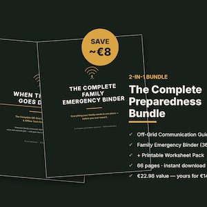 Może przedstawiać: Zestaw 2 w 1 zawierający The Complete Family Emergency Binder oraz przewodnik komunikacji offline. Ciemnozielone dokumenty zawierają biały tekst, żółtą okrągłą ikonę oszczędności oraz listę zawartości, w tym segregator o objętości 36 stron.