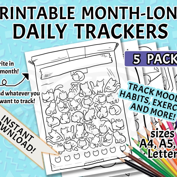 5 PACK - Cute Mood Trackers / Habit Trackers / Exercise Trackers Printable PDF Template - Daily & Monthly Tracker Charts