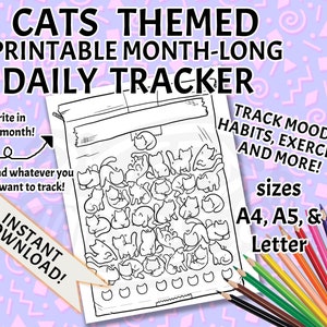 Cats Mood Tracker / Habit Tracker / Exercise Tracker Printable PDF Template - Daily & Monthly Tracker Chart with Cute Design