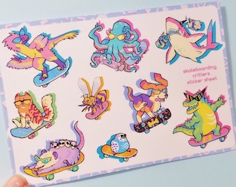 Skateboarding Animals Sticker Sheet - 90s Critters, 80s Critters