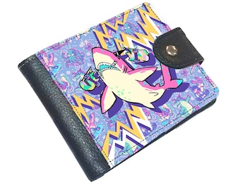 Skateboarding Shark Bifold Wallet – Synthetic Leather, ID Window, Clasp, Wrist Strap