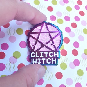 Glitch Witch Rainbow Metal Glitter Enamel Pin, Rainbow Metal Enamel Pin image 3