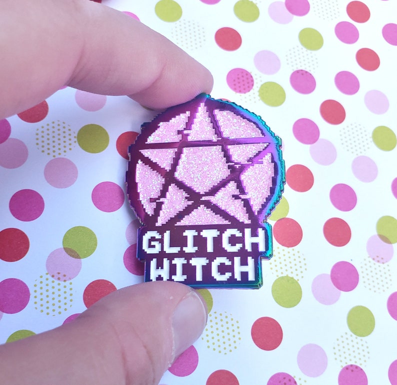 Glitch Witch Rainbow Metal Glitter Enamel Pin, Rainbow Metal Enamel Pin image 3