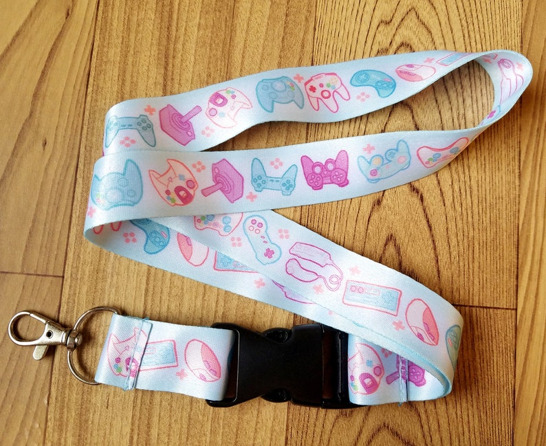 Game Controller Lanyard ID Badge Holder Lobster Clasp and Clip Pastel