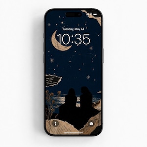 Retro Starry Night Phone Wallpaper, Cute Best Friends iPhone Background, Mystic Moon Constellation Digital Download, Dreamy Soul Lockscreen