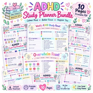 Könnte beinhalten: Ein 10-seitiges ADHD-Lernplaner-Paket im druckbaren PDF-Format. Die Seiten sind in Pastellfarben gehalten und enthalten Vorlagen wie Weekly ADHD Study Reset, Overwhelm Reset, Distraction Log und Assignment Deadline Rescue zur Organisation.