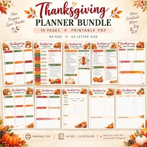 Peut inclure: Un ensemble de planificateurs de Thanksgiving comprenant 10 pages PDF imprimables aux formats A4 et US Letter. La collection inclut des listes de contrôle pour les tâches finales, les plannings, les tables, les décorations, les menus et les invités.