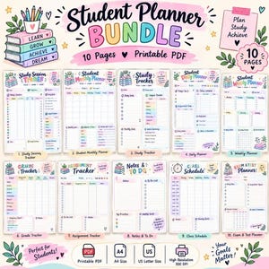 Puede incluir: Un paquete de planificadores para estudiantes con 10 páginas PDF imprimibles que incluyen un rastreador de sesiones de estudio, planificador mensual, rastreador de estudio, planificador diario, semanal, notas, horario de clases y planificador de exámenes.