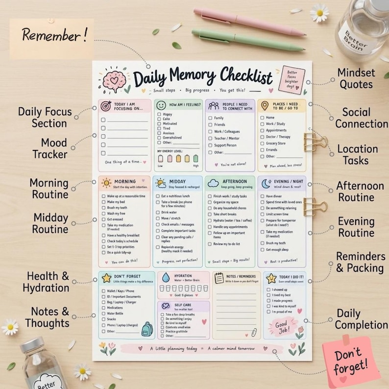 Reminder Checklist.pdf ADHD Memory Checklist Bundle, Printable Brain Dump & Reminder Sheets ...