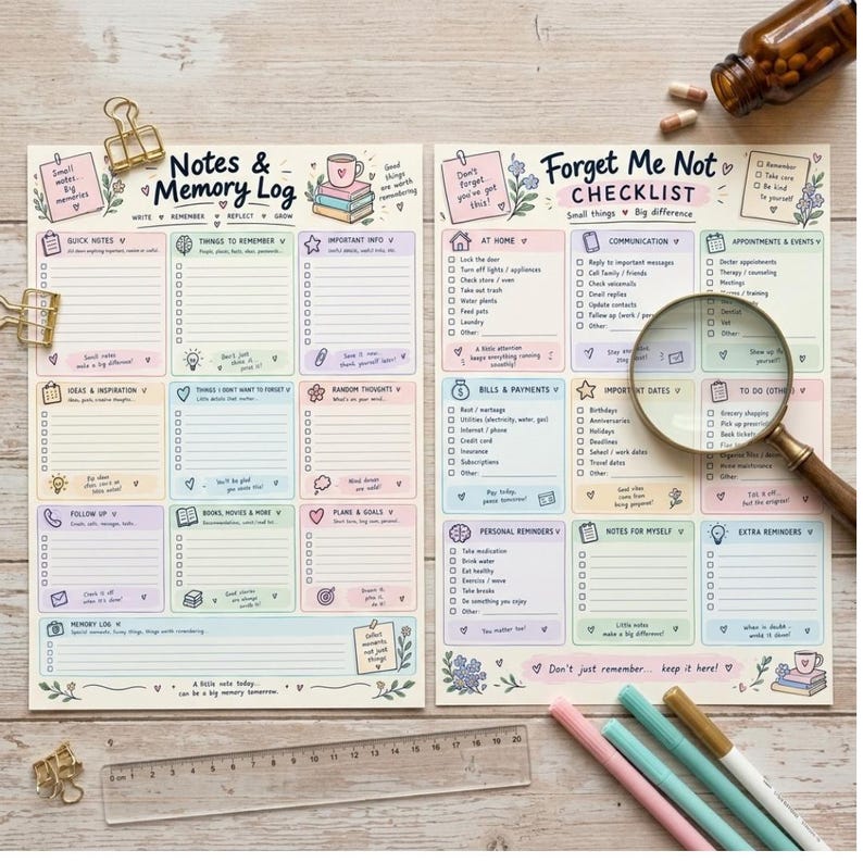 Reminder Checklist.pdf ADHD Memory Checklist Bundle, Printable Brain Dump & Reminder Sheets ...