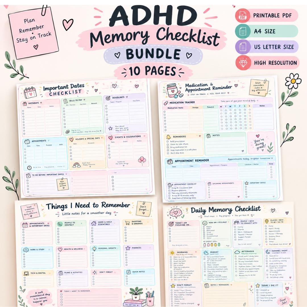 Reminder Checklist.pdf ADHD Memory Checklist Bundle, Printable Brain Dump & Reminder Sheets ...
