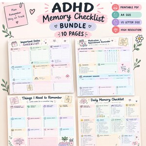ADHD Memory Checklist Bundle, Printable Brain Dump & Reminder Sheets, Medication Reminder, Memory Planner, A4 | US Letter PDF, 10 Pages