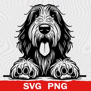 May include: A black and white graphic illustration of a shaggy dog with long fur, a large nose, and its tongue hanging out. The dog is positioned with its front paws resting on a horizontal line. The text SVG PNG is printed in white at the bottom.