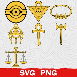 Op de afbeelding: Een verzameling van zeven gele en zwarte grafische iconen met symbolen geïnspireerd op het oude Egypte, waaronder een cirkelvormig oog, een driehoekige hanger, een armband, een ring, een ankh-sleutel, een bijl en een weegschaal. Tekst SVG PNG.