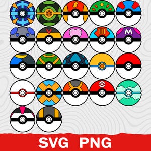 May include: A collection of twenty-two circular ball icons featuring various colour patterns, designs, and symbols, arranged in a grid. Each icon includes a central button and a white lower half. The text SVG PNG is displayed in white at the bottom.