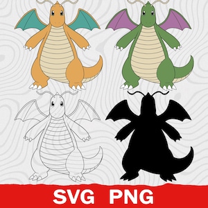 Puede incluir: Un conjunto gráfico digital con cuatro variaciones de una criatura tipo dragón: una naranja con alas verde azulado, una verde con alas moradas, un contorno en blanco y negro y una silueta negra sólida. El texto SVG PNG aparece debajo.