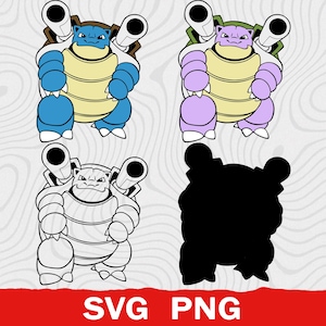 May include: A digital graphic set featuring four variations of a turtle-like creature with two large cannons on its back. The variations include a blue version, a purple version, a black and white line art version, and a solid black silhouette.