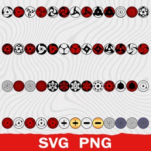 May include: A collection of circular icons featuring various red, black, and white graphic patterns, including spiral, star, and geometric designs. The bottom section displays the text SVG PNG in white against a solid red rectangular background.