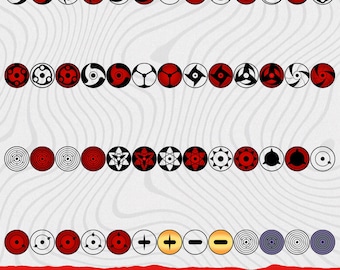 Può includere: Una collezione di icone circolari con vari motivi grafici rossi, neri e bianchi, inclusi disegni a spirale, a stella e geometrici. La parte inferiore mostra il testo SVG PNG in bianco su uno sfondo rettangolare rosso.