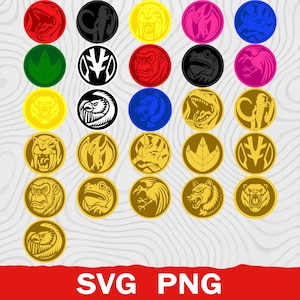 Puede incluir: Una colección de iconos circulares con varios diseños de animales y criaturas en múltiples colores, incluyendo rojo, negro, amarillo, rosa, azul, verde y dorado. Los iconos muestran cabezas estilizadas. El texto SVG PNG aparece abajo.