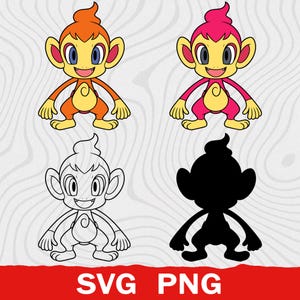 May include: A digital graphic set featuring four monkey characters: one orange, one pink, one black-and-white line art version, and one solid black silhouette. Each character has large eyes, pointed ears, and a swirl on the chest. Text reads SVG PNG.