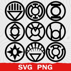 May include: A collection of nine distinct black circular graphic icons featuring various geometric symbols, including stars, triangles, and circular patterns, arranged in a three-by-three grid, with the text SVG PNG printed in white at the bottom.