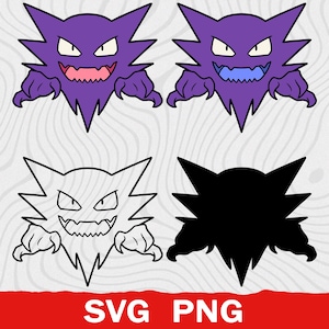 Puede incluir: Un conjunto gráfico digital que presenta cuatro variaciones de una criatura morada puntiaguda con dientes afilados y manos con garras. El set incluye dos versiones a color con diferentes bocas, una versión de línea en blanco y negro y una silueta negra.