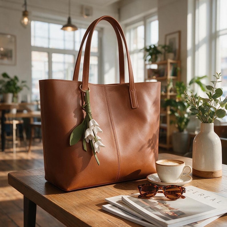 May include: A large, structured brown leather tote bag with two tall shoulder straps. A decorative charm featuring green leaves and white bell-shaped flowers is attached to one of the handle rings. The bag has a smooth finish and vertical stitching.