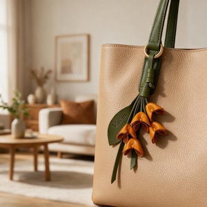 May include: A beige pebbled leather tote bag featuring a dark green leather strap and a decorative charm. The charm consists of a green leaf embossed with the name Vivian and several small, orange, bell-shaped flower accents attached to a ring.