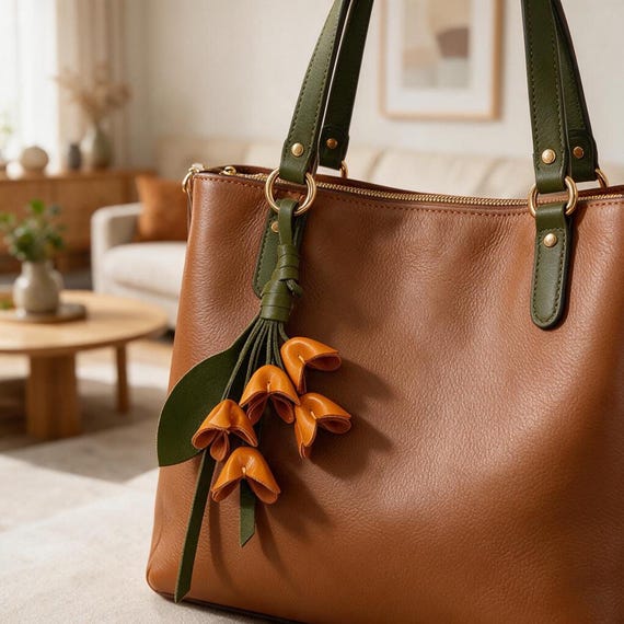 Leather Osmanthus Flower Bag Charm, Handmade Leather Purse Charm, Floral Handbag Accessory, Keychain Gift for Mom, Friends & Bridesmaids