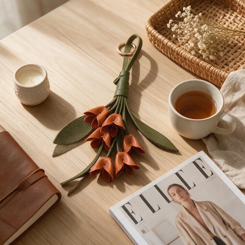 May include: A decorative keychain featuring a cluster of small, orange, tulip-shaped leather flowers attached to long, olive green leather stems and leaves, finished with a circular gold-toned metal ring at the top for attachment.