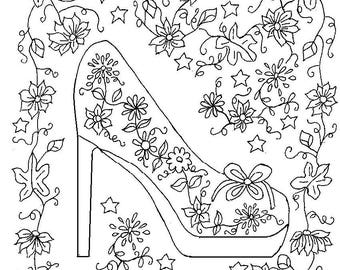 Adult Designs Coloring Page Pattern Stress Relieving Beautiful And Detailed High Heel Flower Shoe