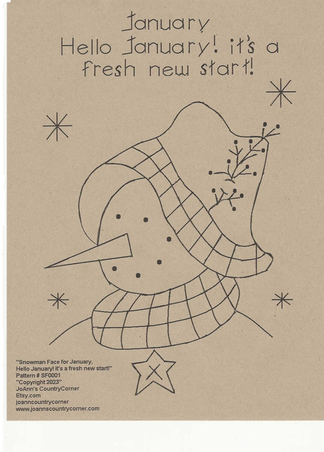 January Patchwork Primitive Stitchery Pattern Snowman Face by Month January