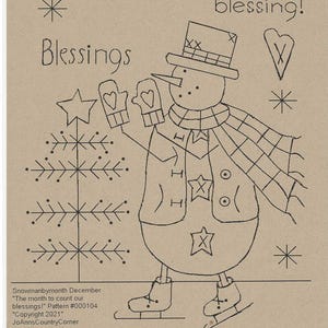 Może przedstawiać: Czarno-biały rysunek przedstawiający bałwana w czapce i szaliku, trzymającego rękawiczki z sercami. Bałwan stoi na łyżwach, a za nim znajduje się drzewo z płatkami śniegu. Na górze obrazu widnieje tekst "December The month to count our blessings!"