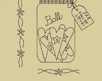 Primitive Stitchery Canning Jar with Hearts and Primitive Tag E-Pattern, "Jar full of Love!