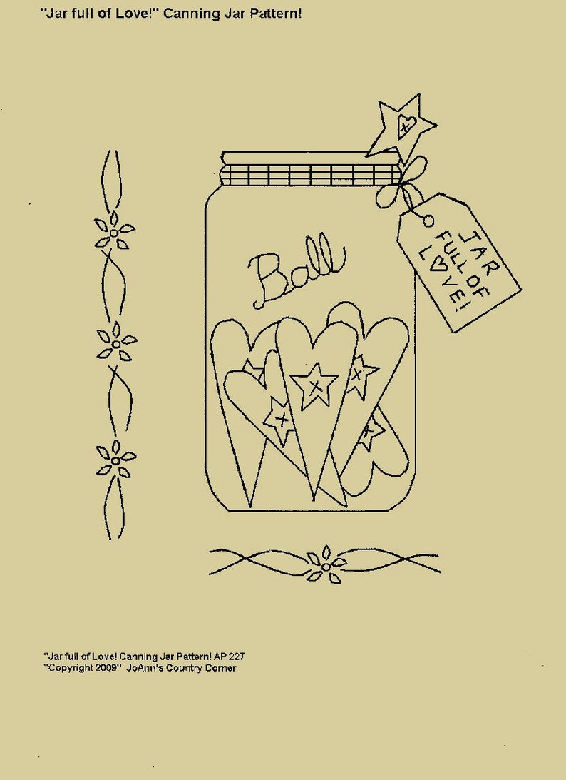 Primitive Stitchery E-Pattern, Jar full of Love Canning Jar with Primitive Tag. image 1