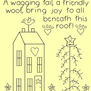 Primitive Stitchery E-Pattern, April Dog &quot;A wagging tail, a friendly woof, bring joy to all beneath this roof!