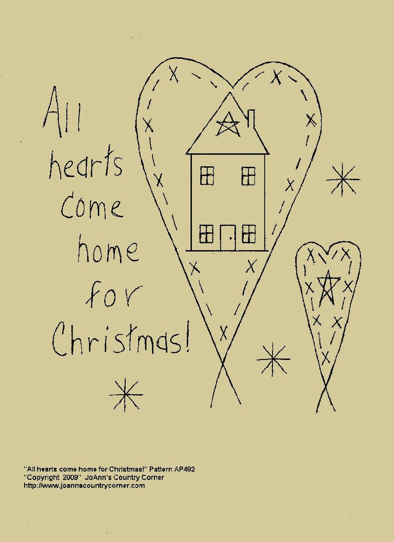 Może przedstawiać: Ręcznie rysowana ilustracja na beżowym tle. Obraz przedstawia dom w kształcie serca, ze słowami "All hearts come home for Christmas!" napisanymi nad i pod domem. Obecne są r&oacute;wnież dodatkowe serca i gwiazdy.
