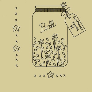 May include: A black and white line drawing of a canning jar with the word "Ball" on it, filled with sunflower seeds and flowers. A tag reads "Sunflower Seeds 5¢". Stars and "X" symbols surround the jar. The text "Sunflower Seeds 5 Cents Canning Jar!" is at the top.