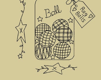 Primitive Stitchery E-Pattern, "Rag Ball Canning Jar with Primitive Tag".