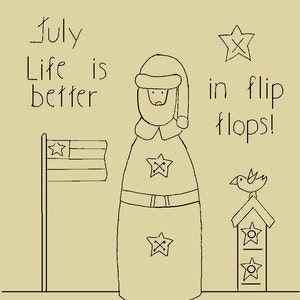 May include: A black and white line drawing of a Santa Claus figure with the text "July Life is better in flip flops!"  The drawing is on a beige background. The Santa Claus figure is wearing a hat and a long coat with a belt. There are stars on the coat and a flag with stars and stripes on the left side of the image.