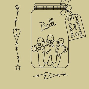 May include: A black and white line drawing of a canning jar labeled "Ball" containing three gingerbread men. A tag reads "Gingerbread Boy Cookies!" with star accents. Additional star and heart accents are on the left and bottom.