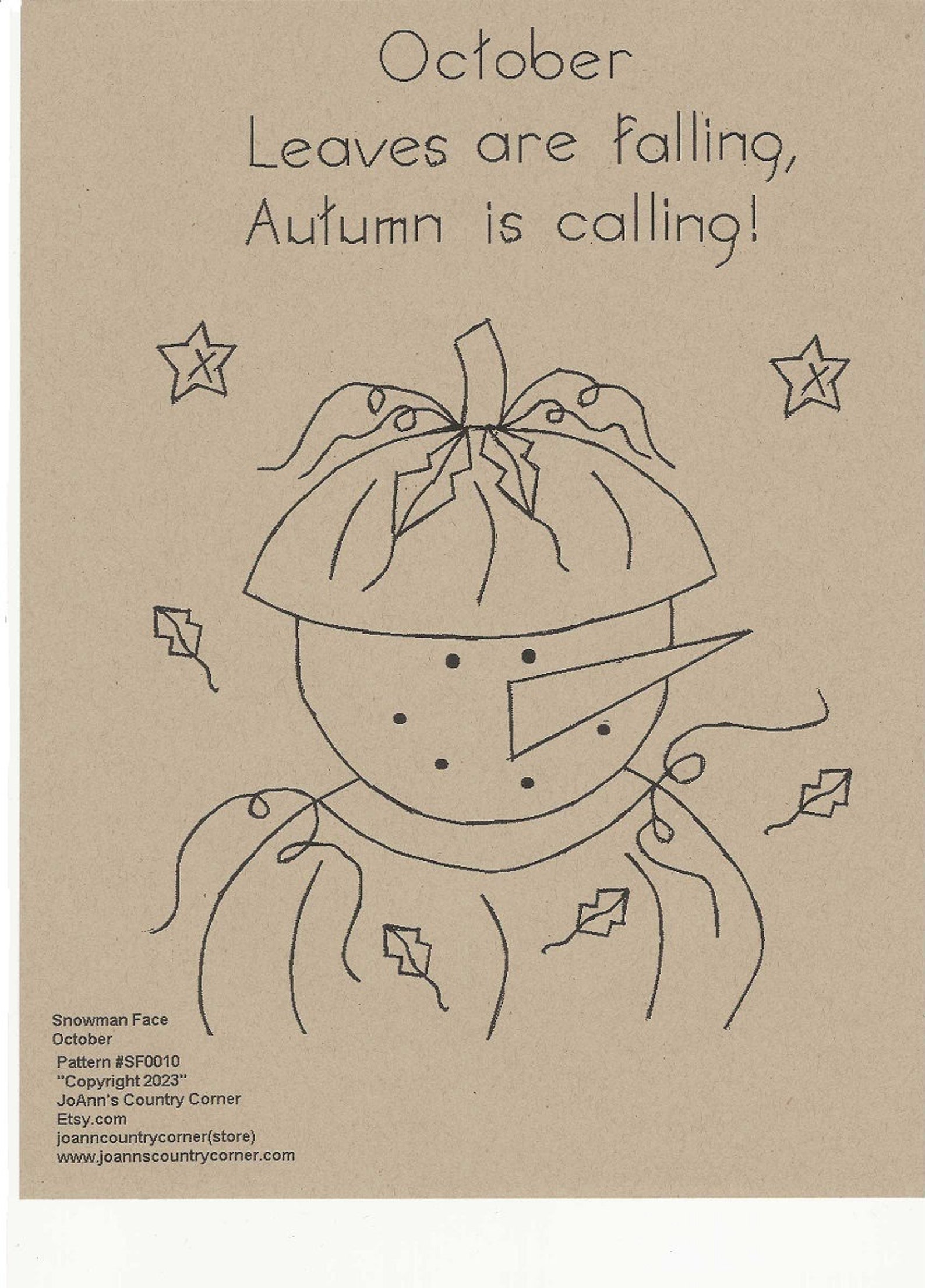 Primitive Stitchery Pattern Snowman Face by Month October 
