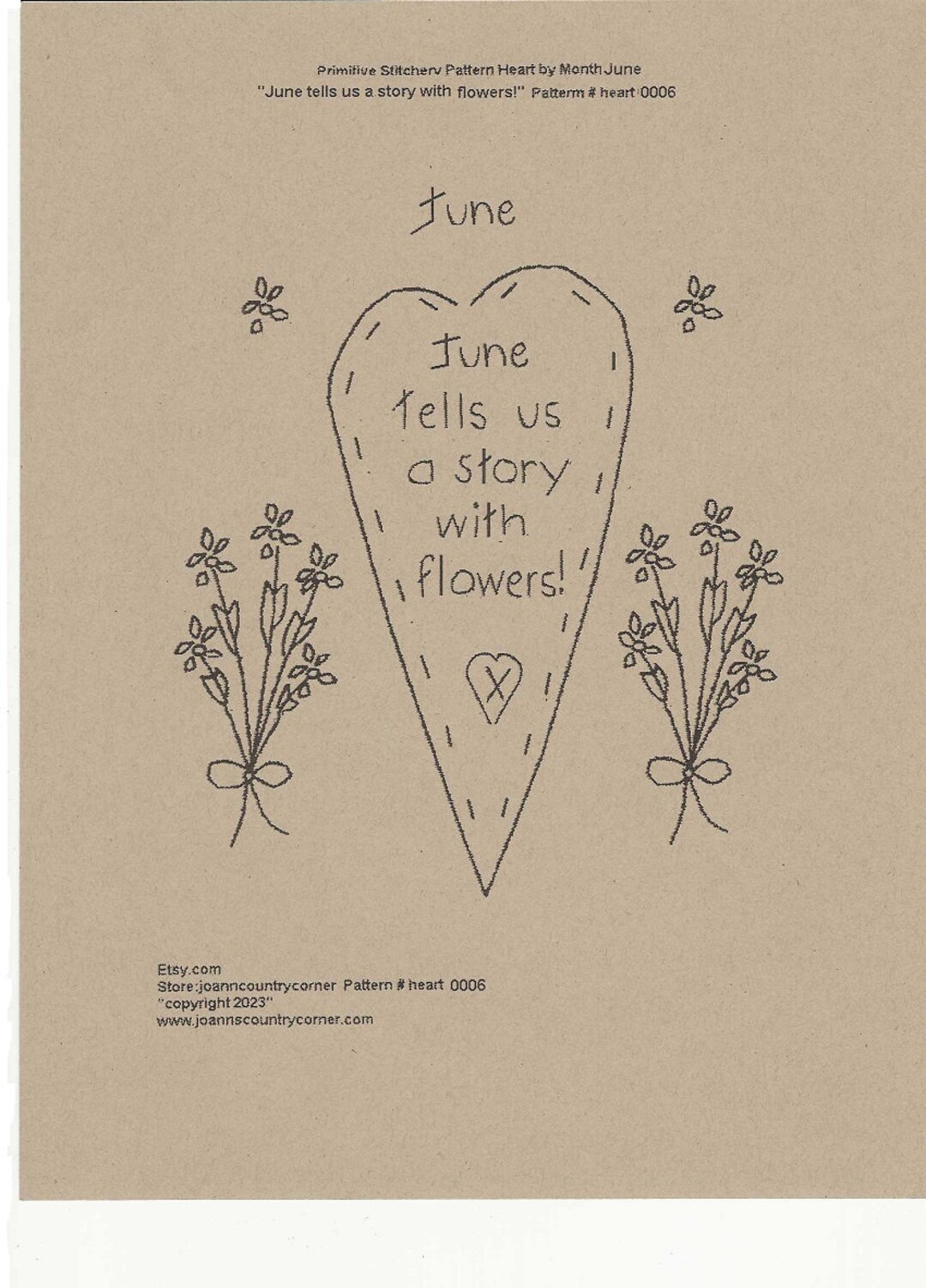 June Friend Pattern Primitive Stitchery E-pattern Heart by Month June