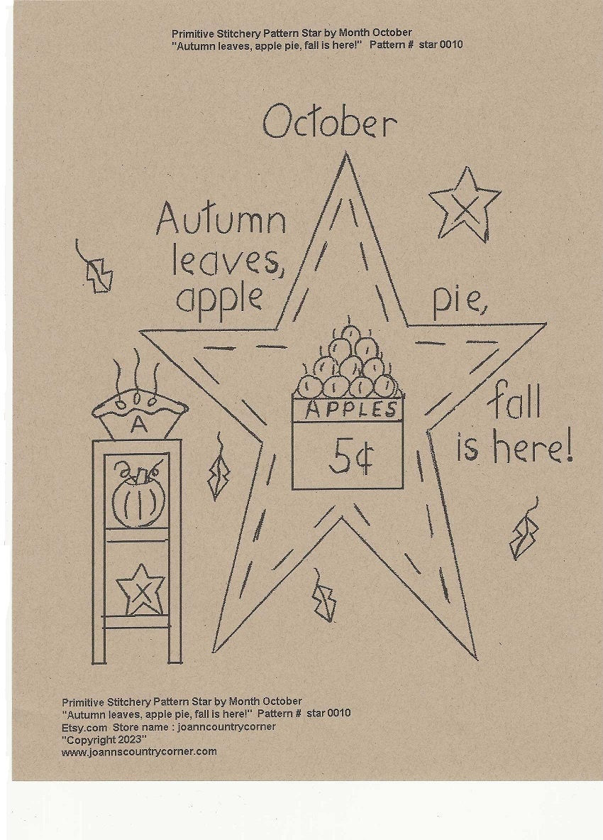 Primitive Stitchery E-pattern Star by Month October 